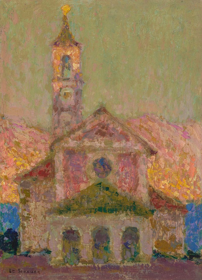 L’église, Lago Maggiore de Henri Le Sidaner, óleo sobre lienzo que muestra una iglesia junto a un lago