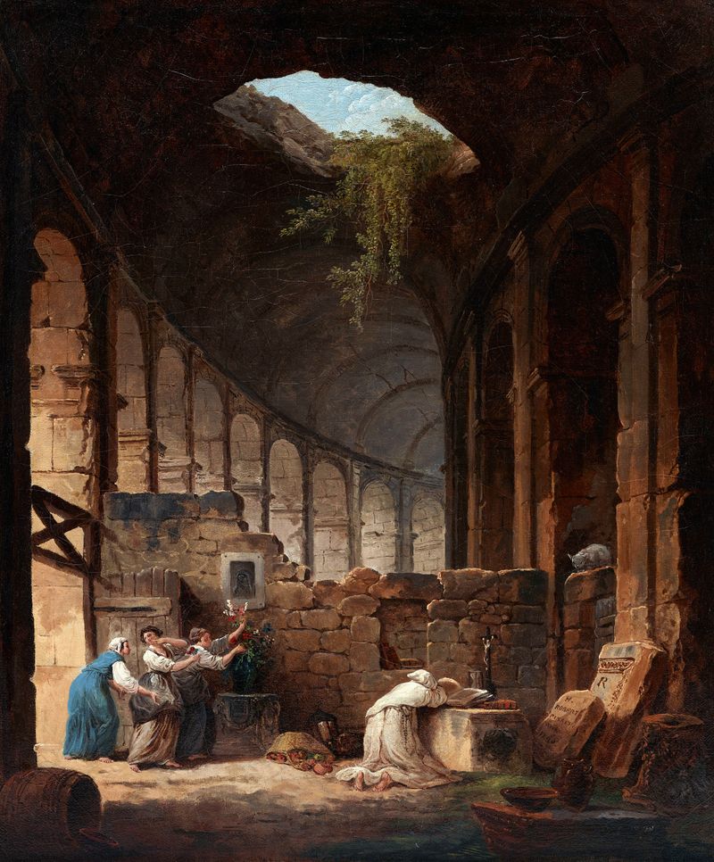Pintura figurativa a óleo de Hubert Robert retratando um eremita no Coliseu.