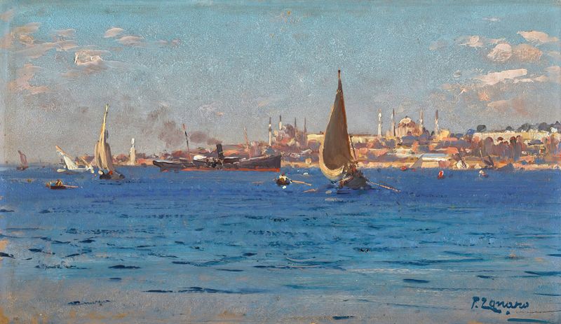 Cena marinha com ondas e horizonte, óleo sobre tela de Fausto Zonaro