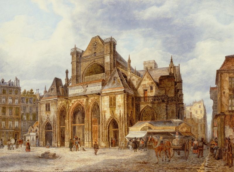 L’église de Saint-Germain-l’Auxerrois de Auguste Wynantz, óleo que representa una iglesia en luz dorada