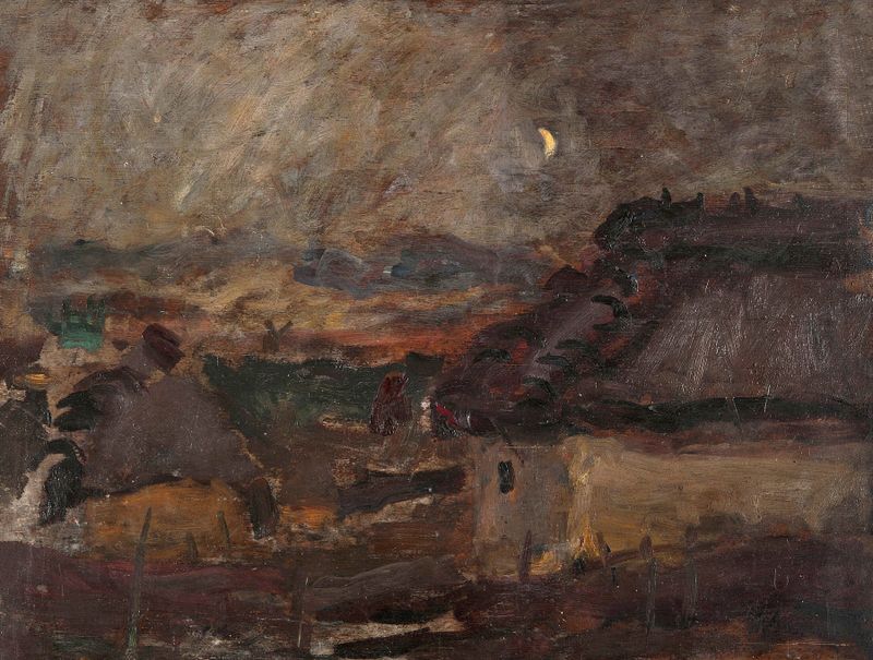 Landscape with a moon de Tadeusz Makowski, pintura al óleo que muestra un cielo nocturno y un paisaje caótico.