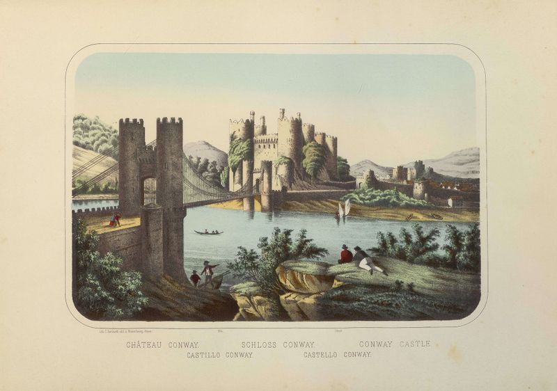 Conway Castle by Carl Burckhardt, Romanticism, depicting a castle with intricate battlements and shadows.
