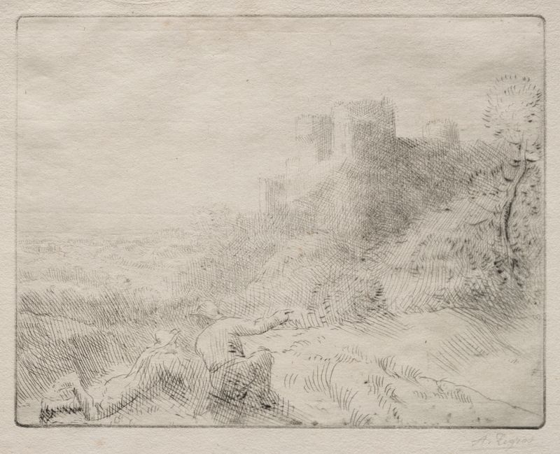 An Old Chateau de Alphonse Legros, óleo sobre lienzo que representa un paisaje brumoso con ruinas.