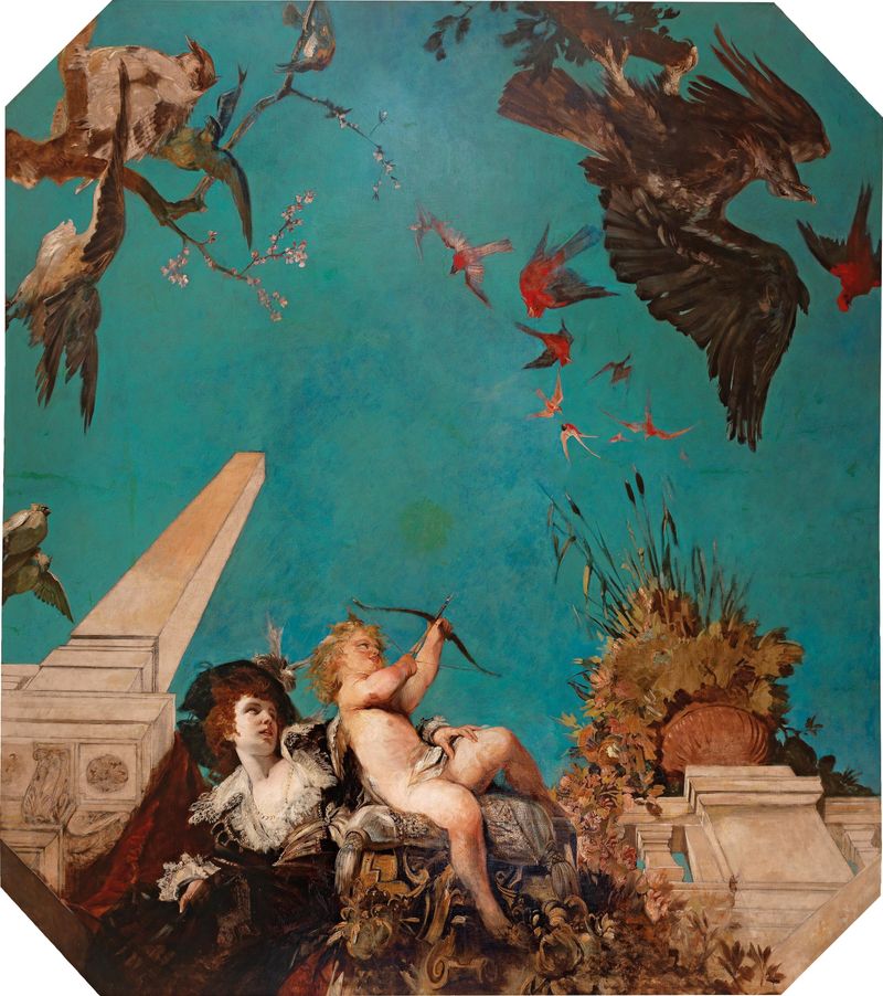 A Ceiling Painting by Hans Makart, depicting a society lady with Cupid in a garden landscape.