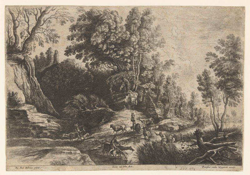 Paisaje pastoral con caballos y vacas de Lucas van Uden, grabado