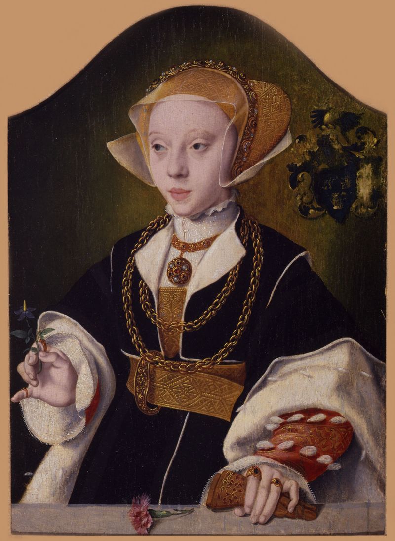 Retrato de uma mulher com cabelo escuro, óleo sobre painel de Bartholomaeus Bruyn o Velho