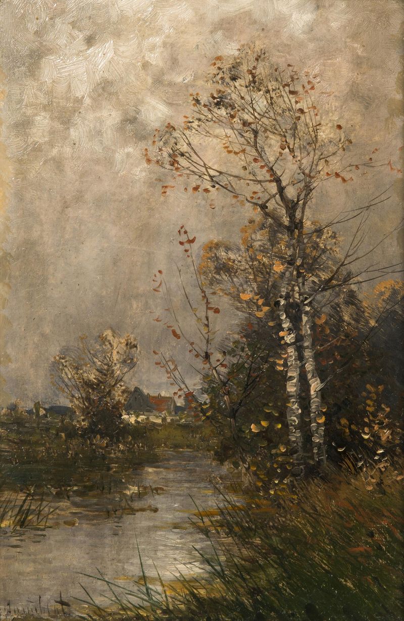 Outono pintura a óleo de Johann Jungblut, apresentando folhas laranja e douradas em uma floresta.