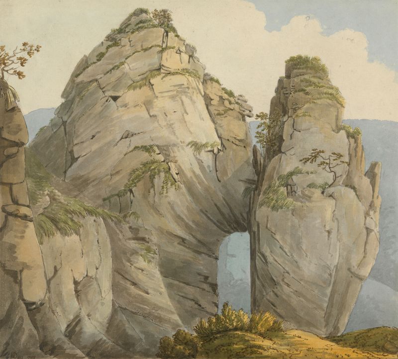 Landscape of Renard’s Hole, Dovedale by William Day, oil painting featuring vibrant greens and trees.