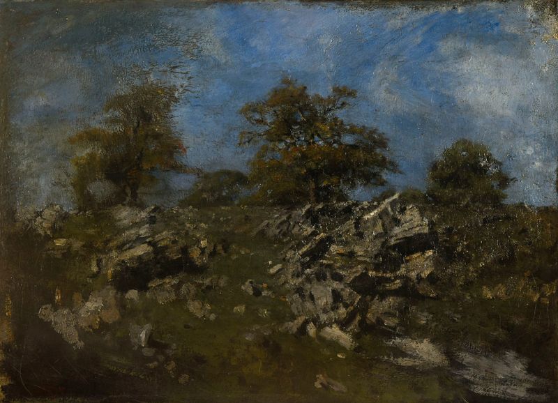 Paysage avec rocher by Antoine-Louis Barye, oil on canvas depicting a rock formation and foliage.