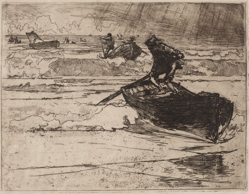 Pêcheurs Fuyants devant l’Orage de Auguste Louis Lepère, pintura al óleo que muestra a pescadores en un mar tempestuoso.