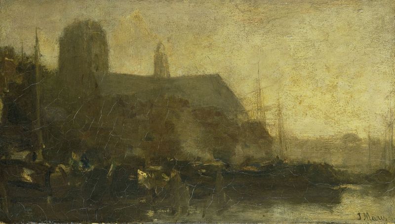 Marine scene with ships in harbor, oil on canvas by Jacob Maris