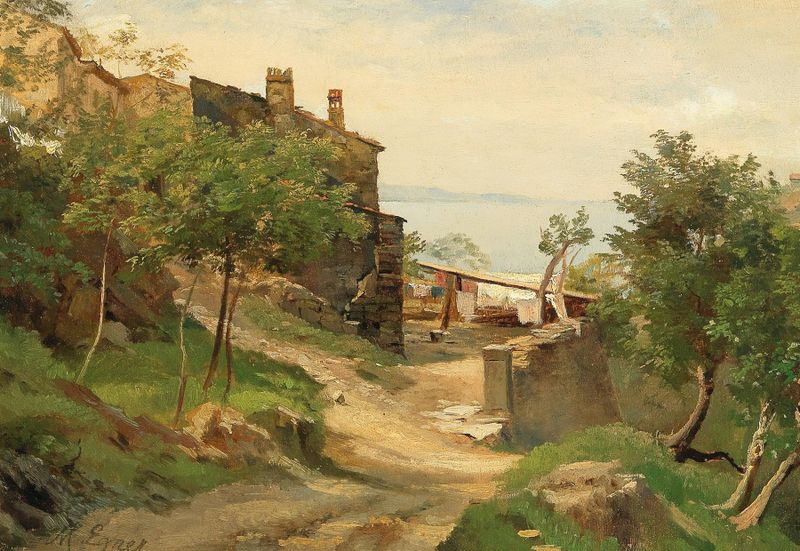 Paisagem de Marie Egner, pintura a óleo com luz do sol sobre colinas em Bei Triest.