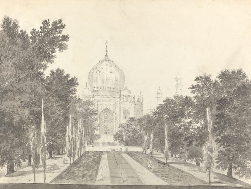 Desenho de paisagem de William Hodges, tinta sobre papel, com colinas e montanhas distantes.