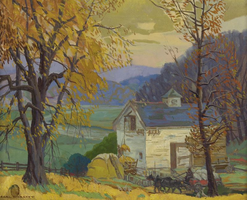 Paisaje con un granero blanco desgastado de Carl Rudolph Krafft, pintura al óleo