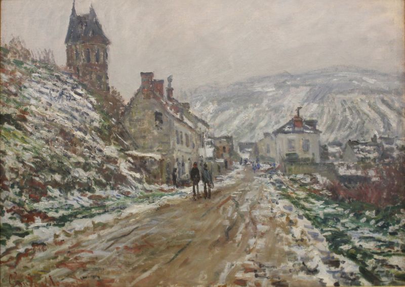 Village Street, Vétheuil de Claude Monet, óleo sobre lienzo que muestra una tranquila escena de pueblo.