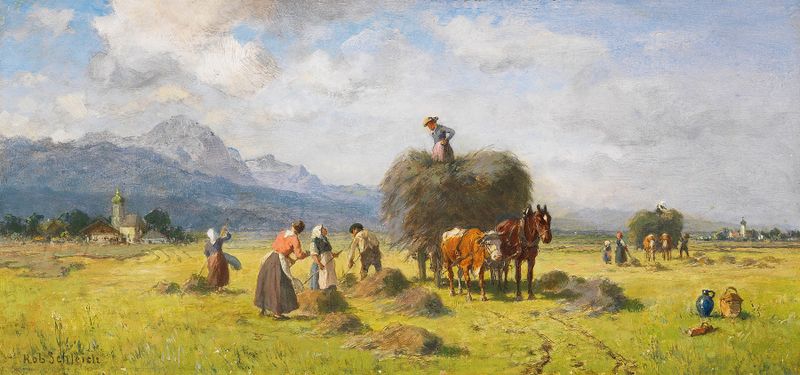 Landscape depicting a harvest scene with figures in fields, by Robert Schleich, oil painting