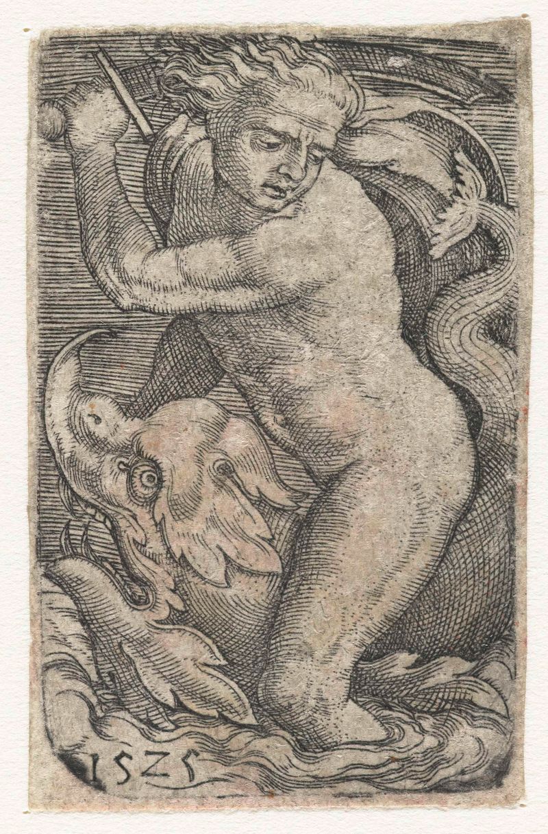 Grabado de Barthel Beham que representa a un dios sobre un delfín.