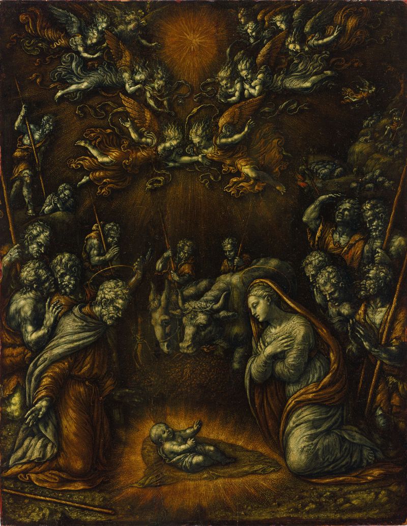 Religious scene with figures in prayer, oil on panel by Girolamo da Treviso the Younger