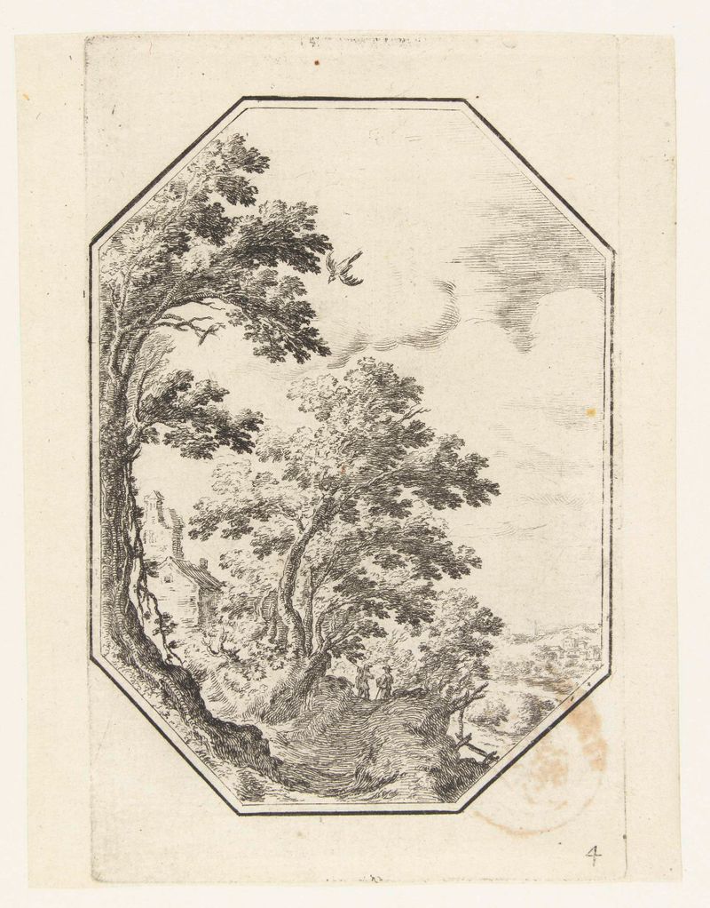 Landschap met pad tussen bomen in octagonaal kader, grabado de Unknown Artist
