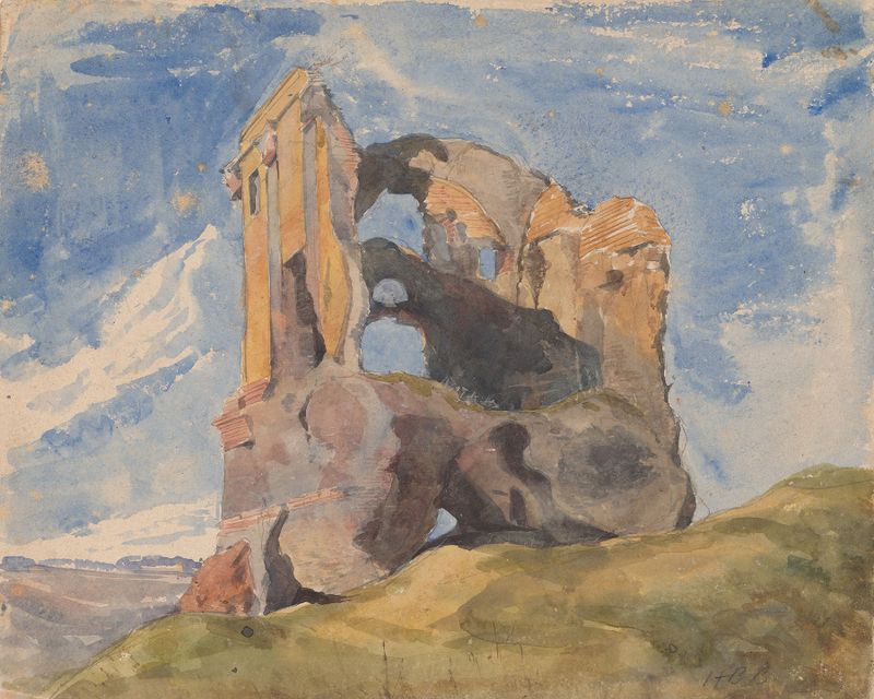 Tomb in Campagna de Hercules Brabazon Brabazon, pintura a óleo que retrata um túmulo tranquilo em uma paisagem dourada.