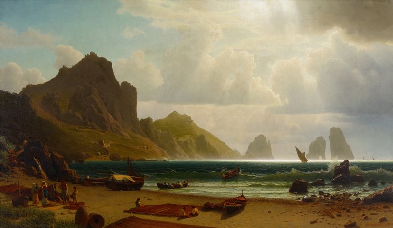 La Marina Piccola, Capri de Albert Bierstadt, óleo sobre lienzo que muestra aguas azules y costas rocosas.