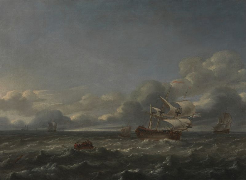 Men of War in a Stiff Breeze by Jan Theunisz. Blanckerhoff, oil painting depicting ships in stormy seas.
