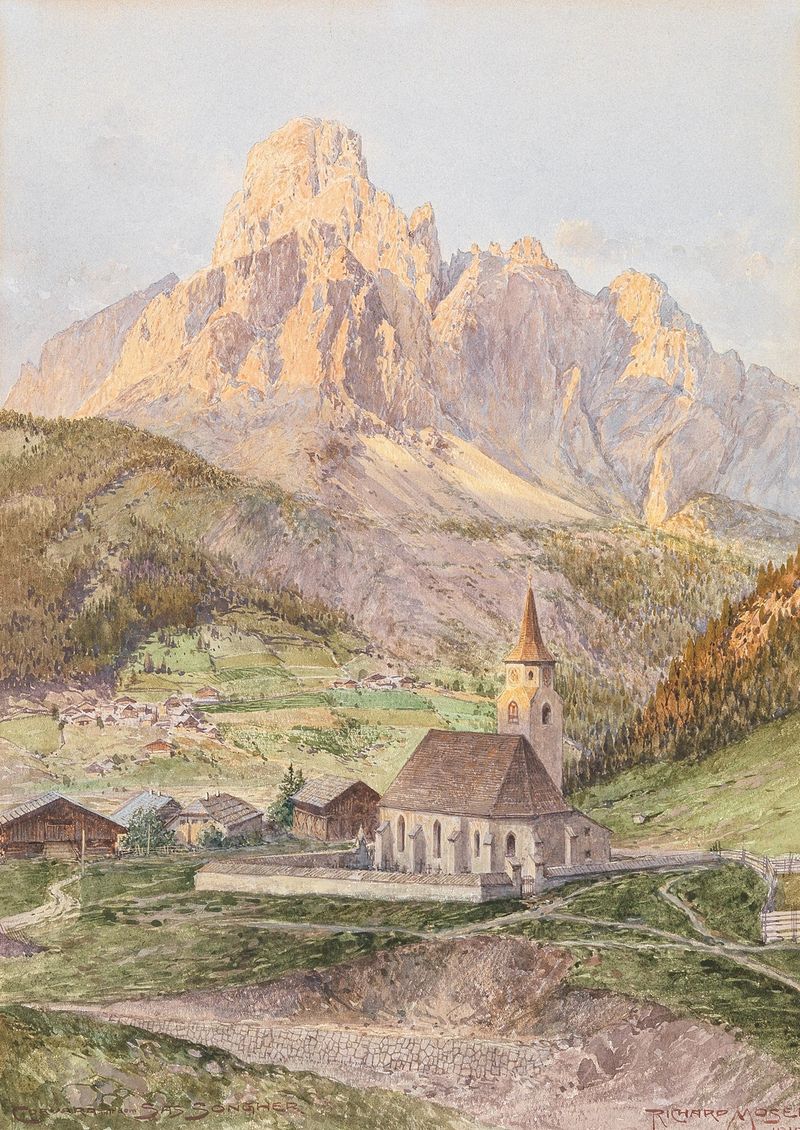 Landscape oil painting by Richard Moser depicting mountains and sunlight in Corvara