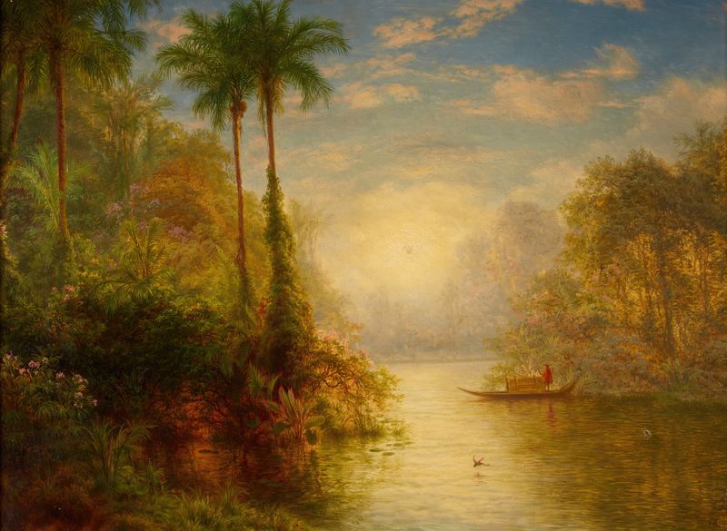 Landscape of a river at dawn with mist, oil painting by Louis Remy Mignot