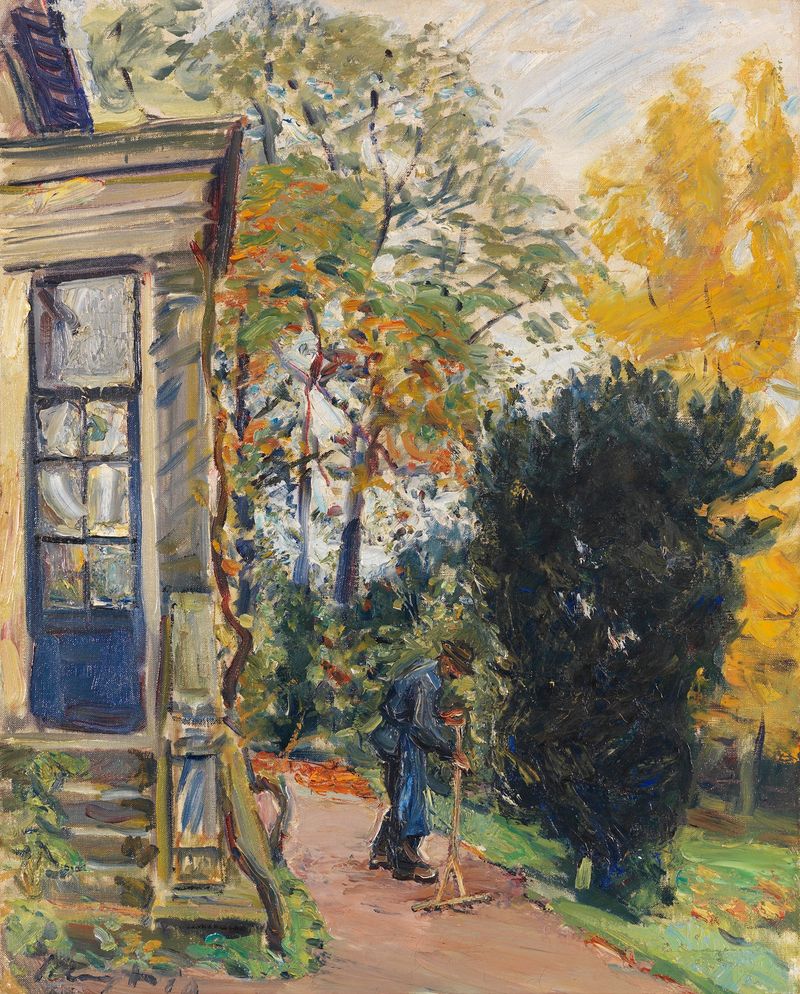 Gärtner vor dem Haus de Max Slevogt, pintura al óleo impresionista de un jardinero cerca de una casa.