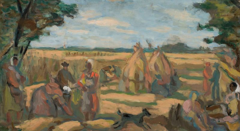 Żniwa by Wacław Wąsowicz, oil on canvas depicting farmers harvesting wheat under sunlight.