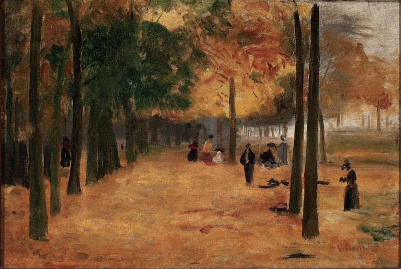 Canto de Luxemburgo by Eliseu Visconti, oil on canvas depicting a figure surrounded by autumn leaves.
