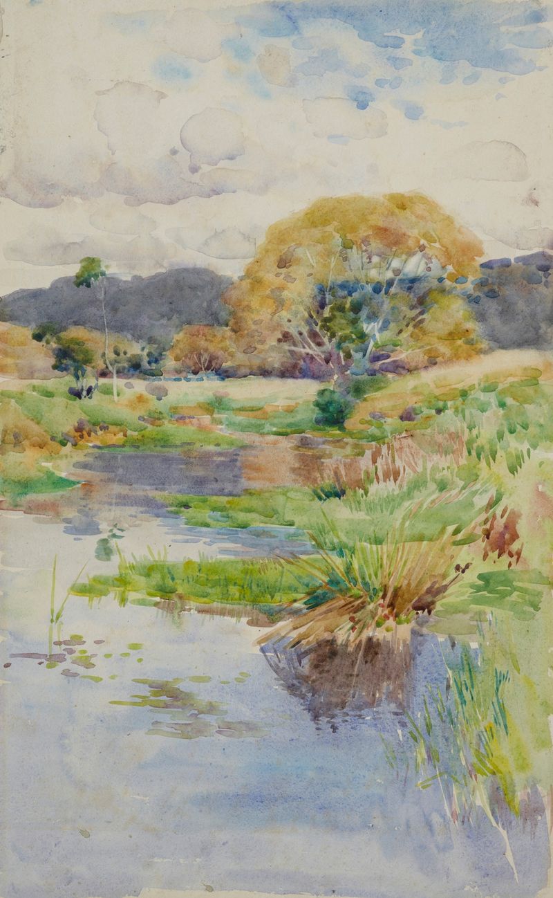 Silverstream by James Nairn, oil on canvas depicting a tranquil stream and lush foliage