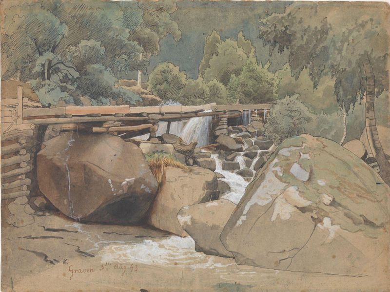 Paisaje de Hans Gude, óleo que representa suaves colinas y agua.