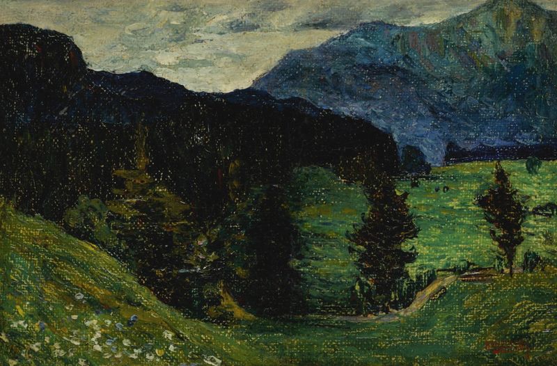 Kochel—Mountains with Firs de Wassily Kandinsky, pintura a óleo que retrata montanhas e pinheiros ao amanhecer.