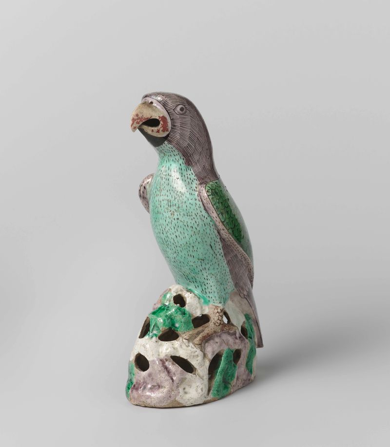 Papagaio em uma rocha, óleo sobre tela de Unknown Artist, com cores vibrantes e plumagem detalhada.