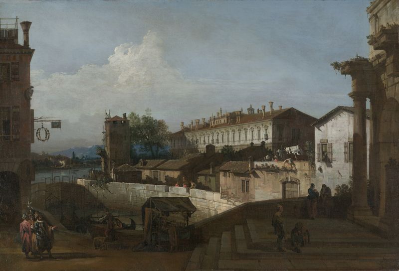 O Lock em Dolo de Bernardo Bellotto, óleo sobre tela que retrata um tranquilo canal sob luz suave