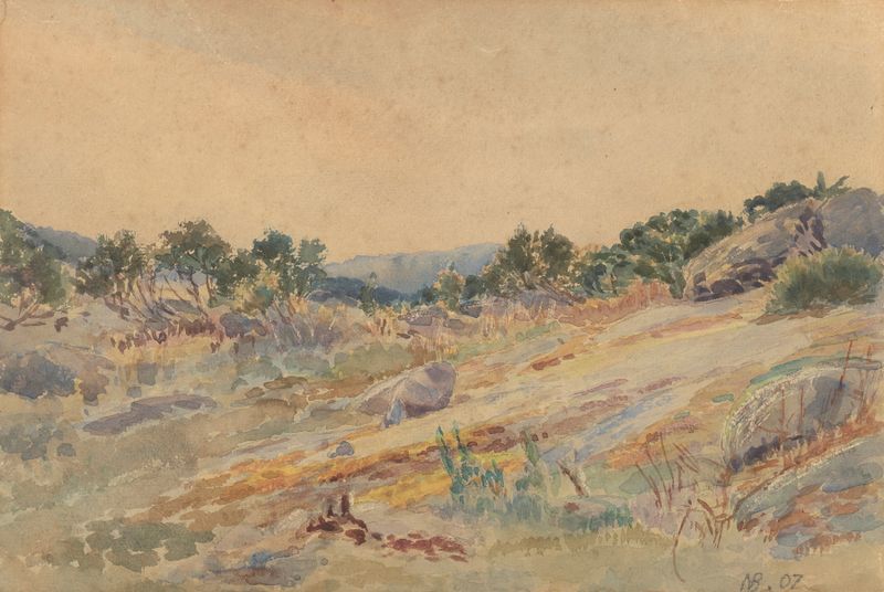 Untitled Landscape de Edward Barraud, impressionismo, retratando uma paisagem serena, mas caótica.