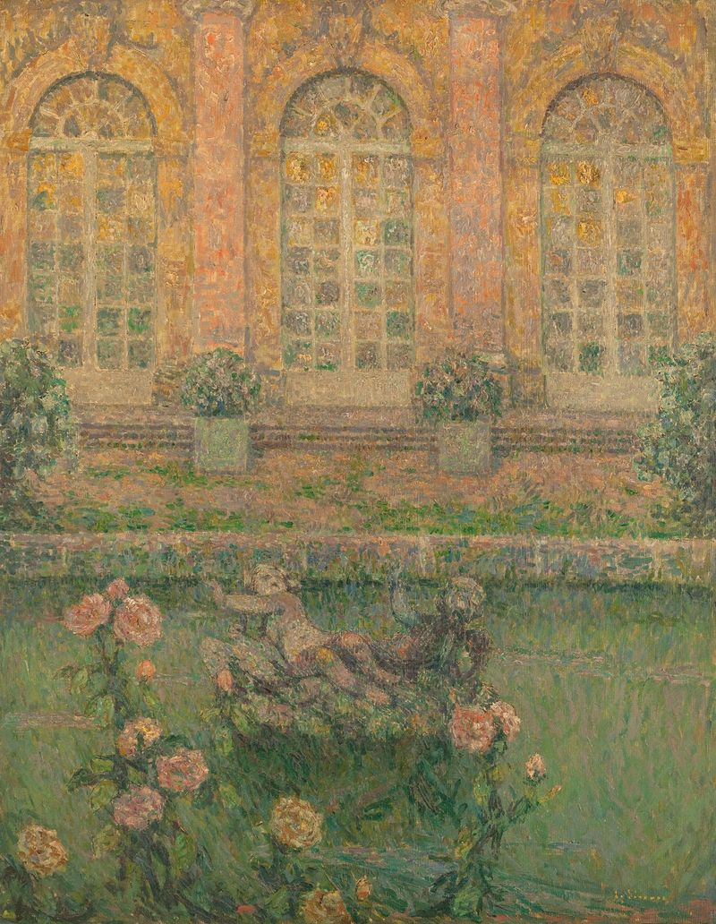 Roses de Trianon, oil on canvas by Henri Le Sidaner, featuring delicate pink roses and soft greens.