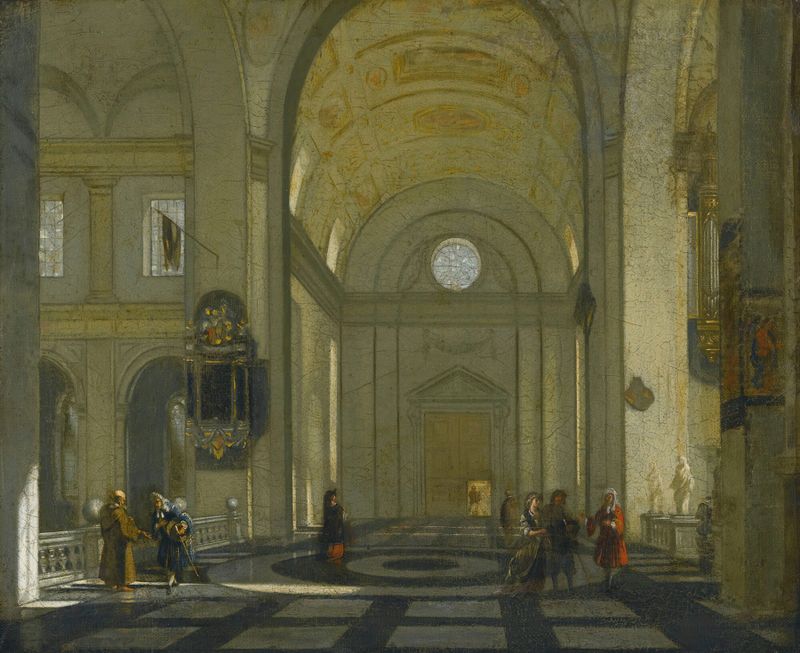 Interior of a Church by Emanuel de Witte, oil painting depicting light and shadows on a stone floor