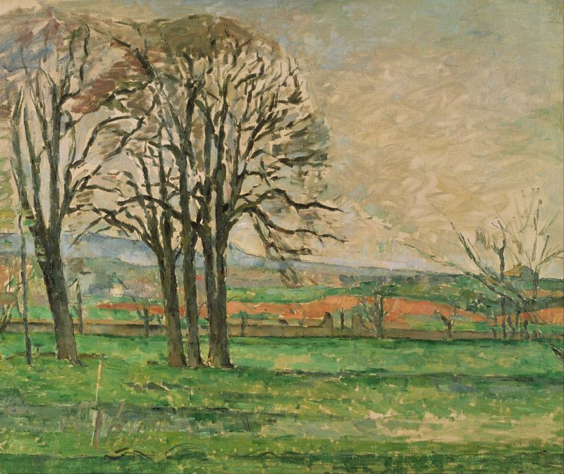 Los Árboles Desnudos en Jas de Bouffan de Paul Cezanne, óleo que muestra árboles desnudos en un bosque.