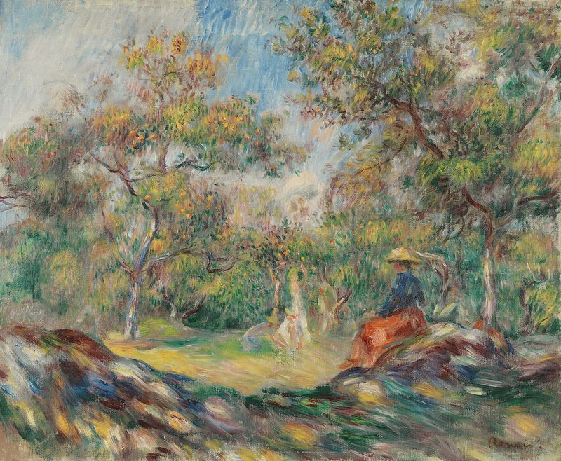 Femme Dans Un Paysage de Pierre-Auguste Renoir, óleo de una mujer en un paisaje exuberante.