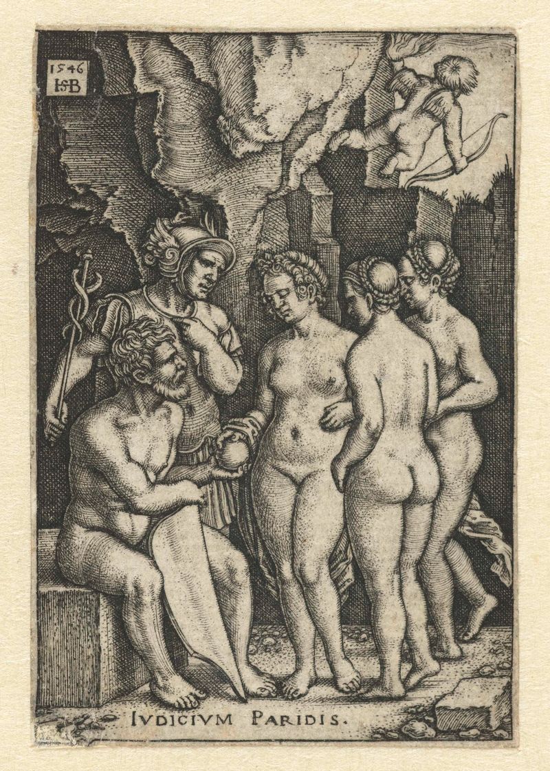 Grabado Oordeel van Paris de Hans Sebald Beham que representa a Paris con tres diosas