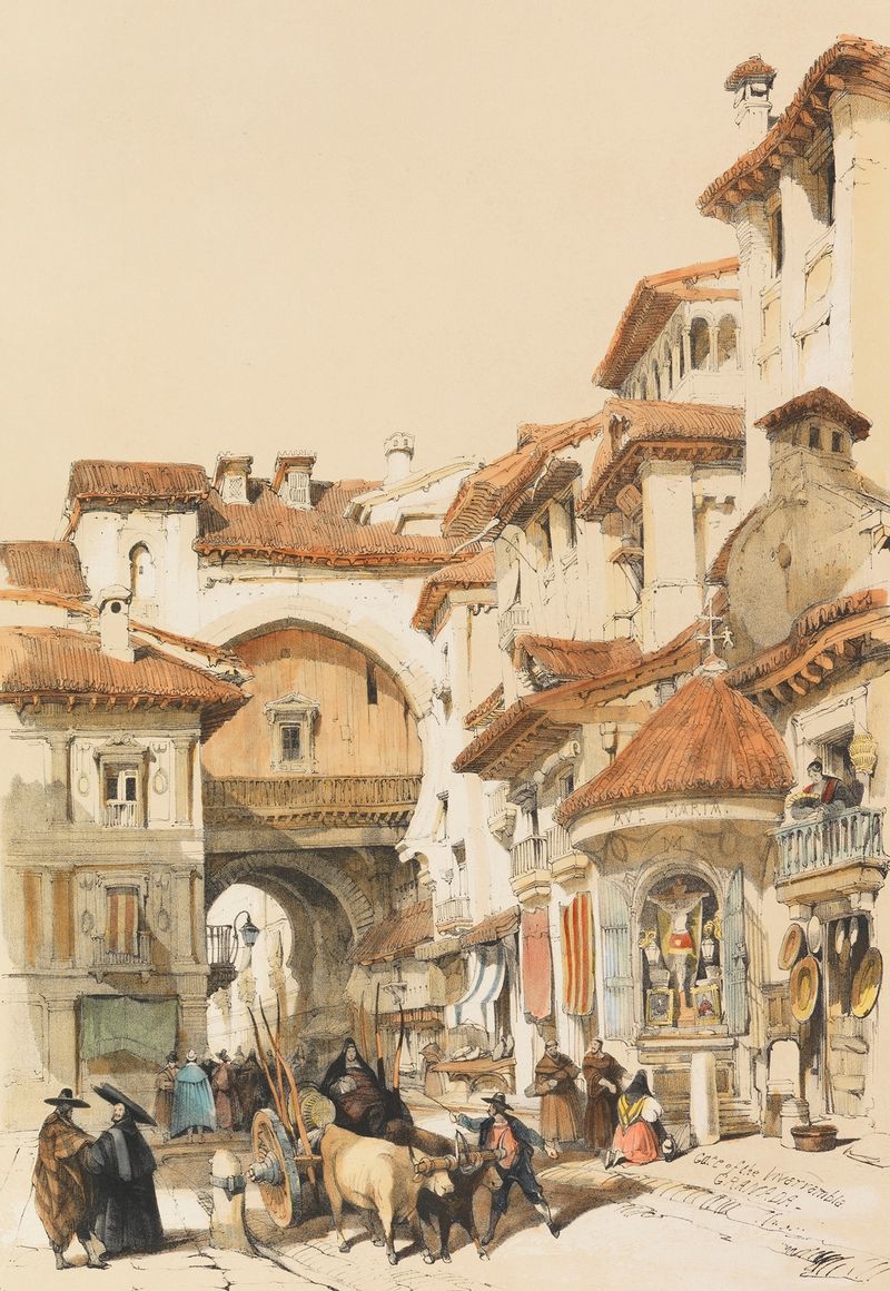 Aquarela de David Roberts retratando arquitetura antiga na Espanha com luz e sombra.