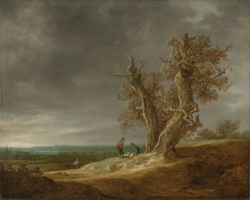 Landscape with Two Oaks, óleo sobre tela de Jan van Goyen, apresentando dois carvalhos e um céu dramático.