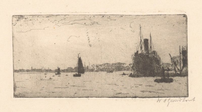 Escena marina con barcos en el agua, pintura al óleo de Willem Adrianus Grondhout