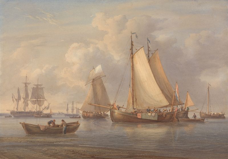 Dutch Fishing Boats at Anchor in an Estuary, oil on canvas by William Joy