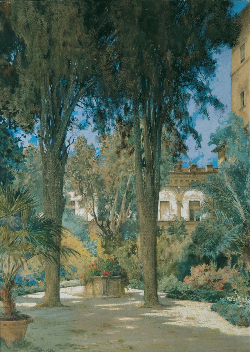 Garden party with two cypress trees, oil on canvas by Othmar Brioschi