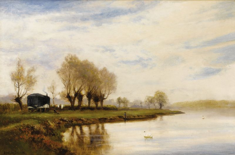 A Misty Morning, pintura al óleo de Alfred de Bréanski, que representa un sereno paisaje fluvial al amanecer.