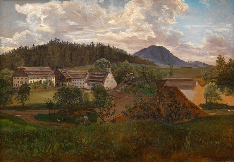 Salzburgische Landschaft mit Gutshof, oil on canvas by Friedrich Loos, featuring a farmhouse and lush greenery.