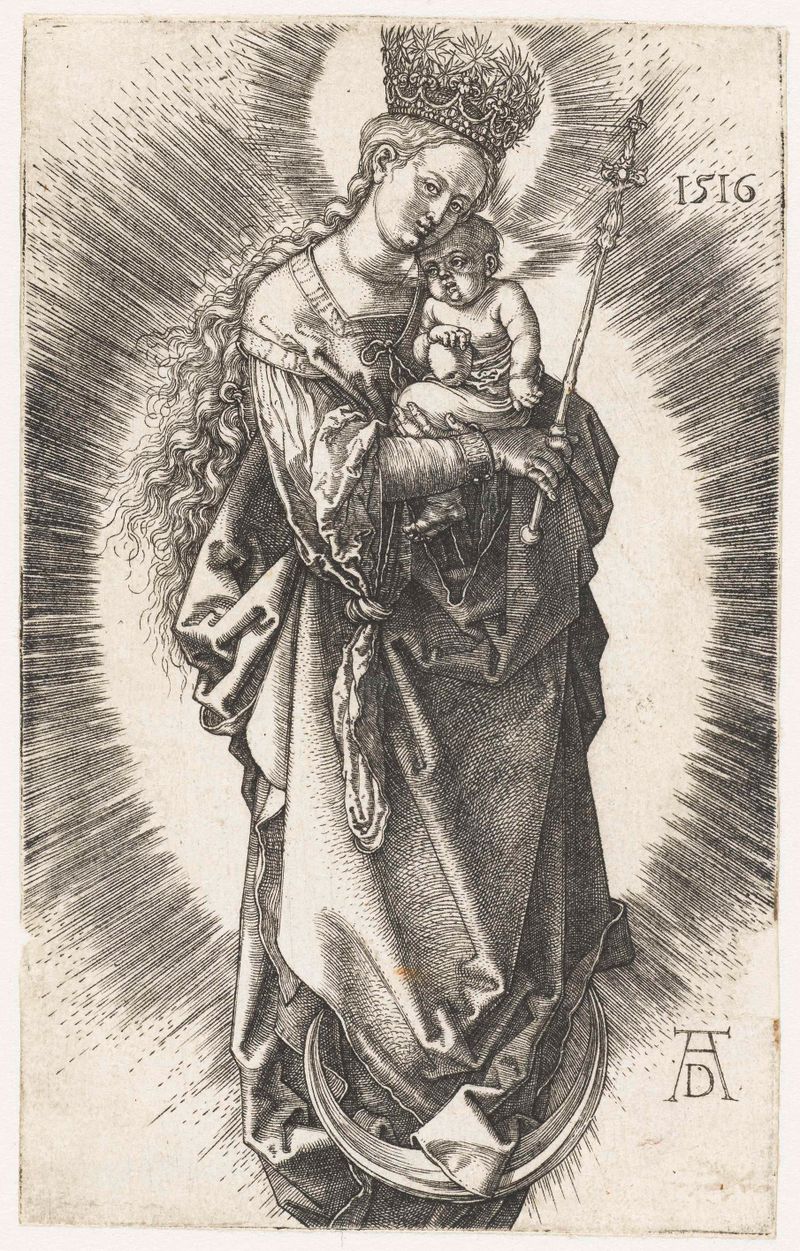 Gravura de Albrecht Dürer retratando Maria com uma criança em uma lua crescente.